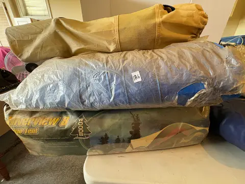 186: Air Mattress, 8-Person Tent, Tarp, Chair - online auction on EastBid