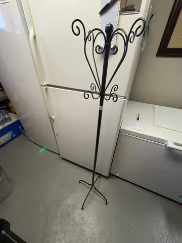 63: Coat Rack, Black Scrolled Metal Standing Coat Tree - thumbnail 1