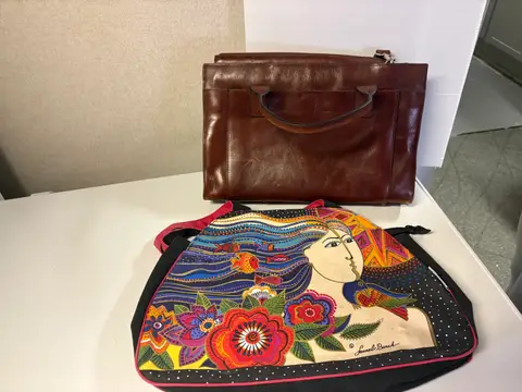69: Laurel Burch Canvas Tote + Brown Leather Work Bag - online auction on EastBid