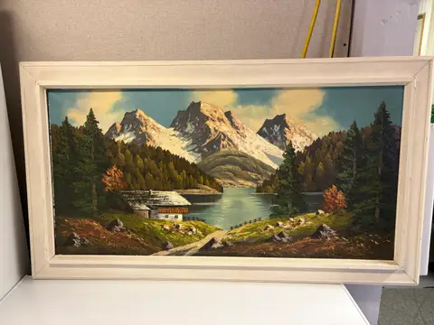 111: Alpine Lake Oil Painting, Signed, 45" x 25.75" - thumbnail 1