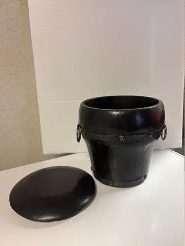 57: Decorative Bucket with Lid - Black Wood, Brass Ring Handles - thumbnail 1