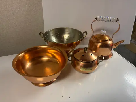 100: Copper Kitchen Set - Kettle, Colander, Bowl, Potpourri Pot - thumbnail 1