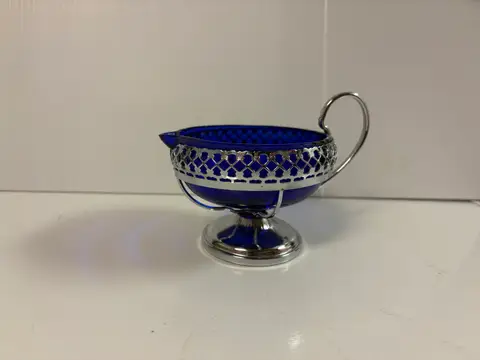 124: Cobalt Blue Glass Creamer in Chrome Lattice Holder - thumbnail 1