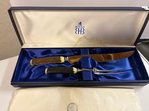 118: 2-Piece Carving Set, Birks Sheffield, Stag Handles, Boxed - thumbnail 2