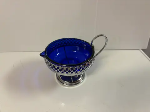 124: Cobalt Blue Glass Creamer in Chrome Lattice Holder - thumbnail 2
