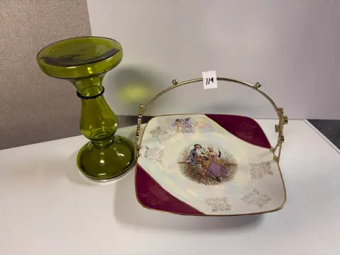 119: Handled Lustre Serving Dish and Green Glass Candle Holder - online auction on EastBid