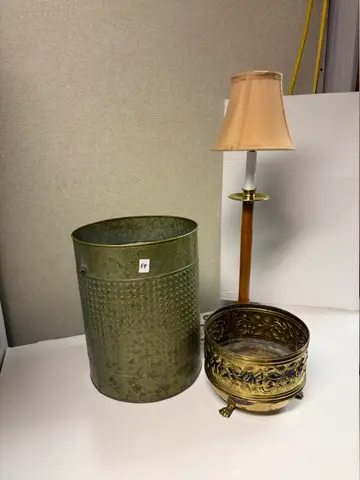 54: Bronze-Tone Bin, Brass Footed Planter and Table-Side Lamp - thumbnail 1