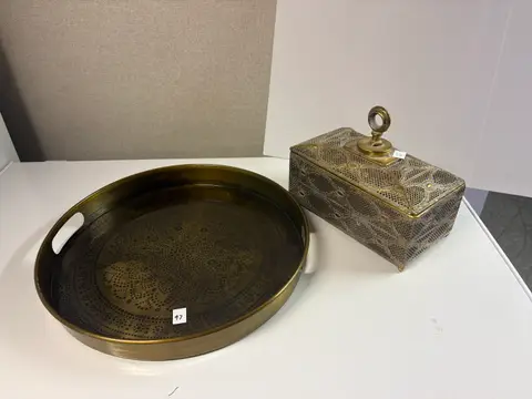97: Brass-Tone Round Tray and Pierced Lidded Box - thumbnail 1