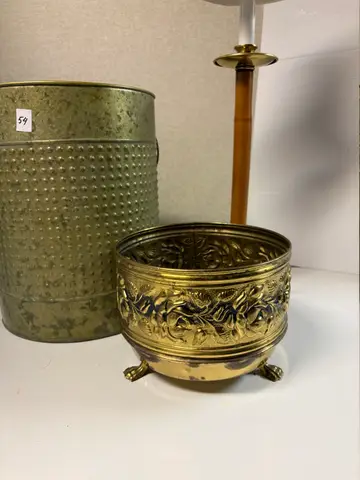 54: Bronze-Tone Bin, Brass Footed Planter and Table-Side Lamp - thumbnail 2