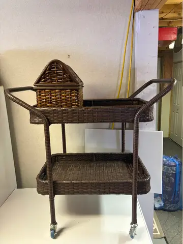 104: Resin Wicker Rolling Serving Cart and House Basket - thumbnail 1